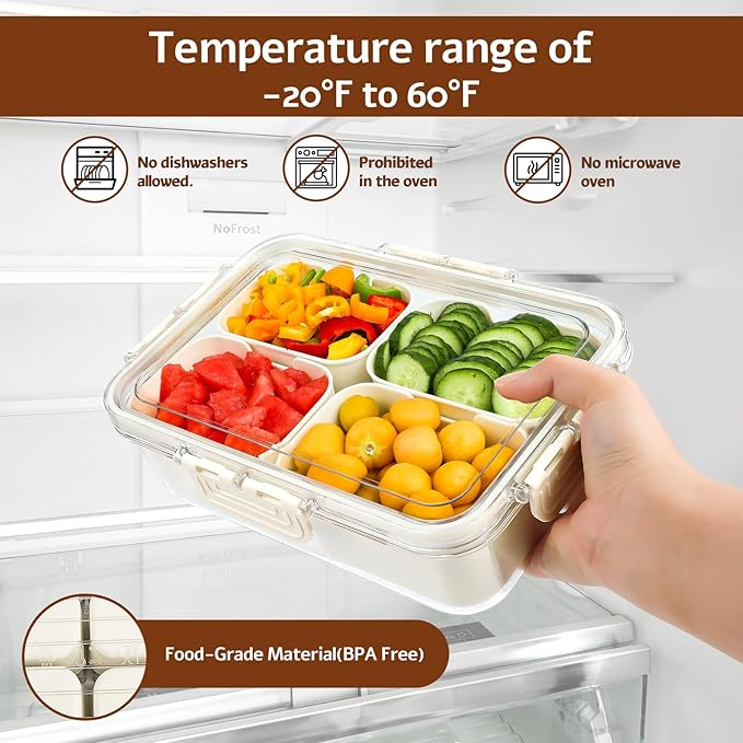 Snack Box Container,Divided Serving Rray with Lid,4 Compartment Snack Containers for Adults,Bento Box Adult Snackle Box Charcuterie Container for Candy,Fruits,Veggie,Perfect for Travel & Picnic