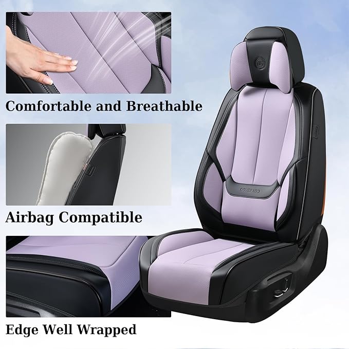 Coverado Universal Seat Covers Full Set, 5 Seats Universal Seat Covers for Cars, Waterproof Nappa Leather Car Seat Covers with Head Pillow, Auto Protectors Fit for Most SUV Pick-up Truck-Black&Purple