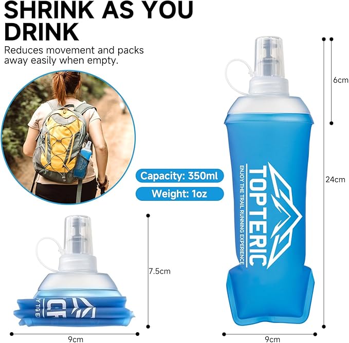 Collapsible Soft Flask Water Bottle, TPU Soft Folding Flexible Water Bottles for Hydration Pack/Running Vest, BPA/PVC Free, Ideal for Running Hiking Cycling Climbing (350ml)