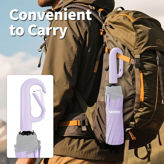 Seniny Travel Umbrella with Carabiner Handle, Windproof Large Umbrellas for Rain with Dual-Rib Structure, Portable Compact Umbrella with Reflective Strip, Car Backpack UV Umbrellas for Sun Protection