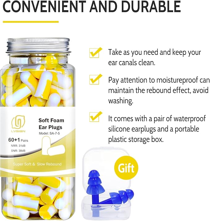 LYSIAN Foam Earplugs - 60 Pairs, 38dB Ear Plugs for Sleeping Noise Cancelling, Mowing, Shooting,Double Color Yellow/White
