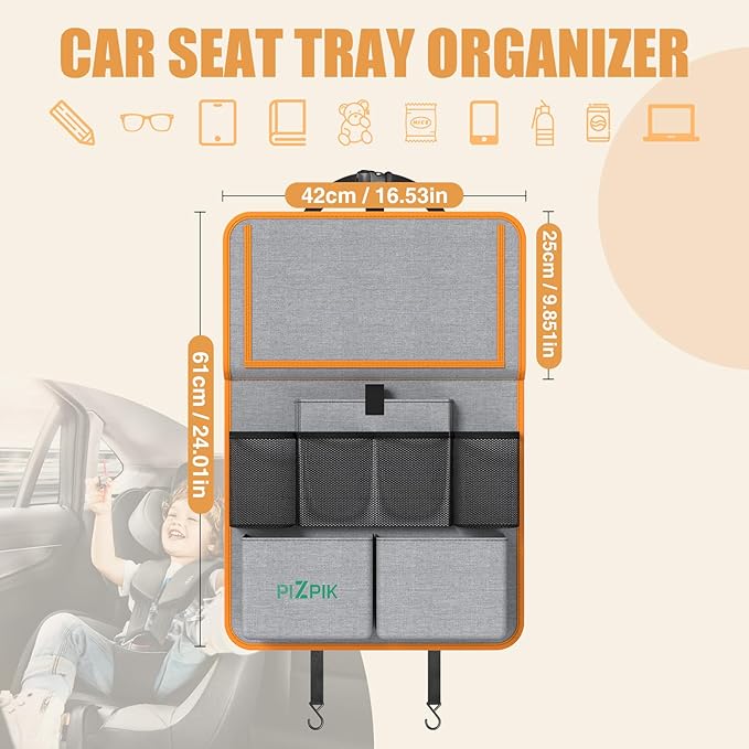 Car Backseat Organizer with Tablet Holder,11 Storage Pockets with Foldable Food Tray, Protector Kick Mats for Kids, Travel Accessories Organizer (Orange, 1Pack with Food Tray)
