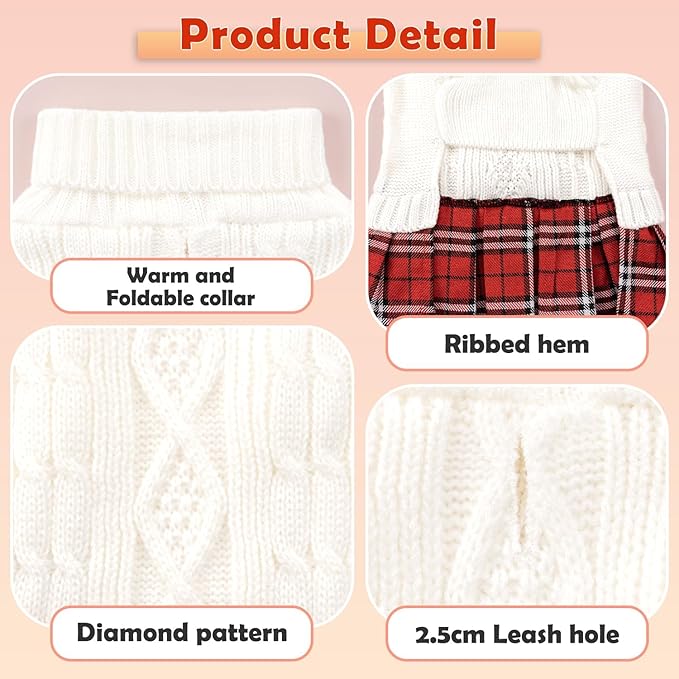 YUDODO 2 Pack Small Dog Sweater Dress with Bowtie Turtleneck - Knitted Pet Girl Dog Winter Clothes - Pet Warm Sweater for Puppy Yorkies, Chihuahua (M Red+White)