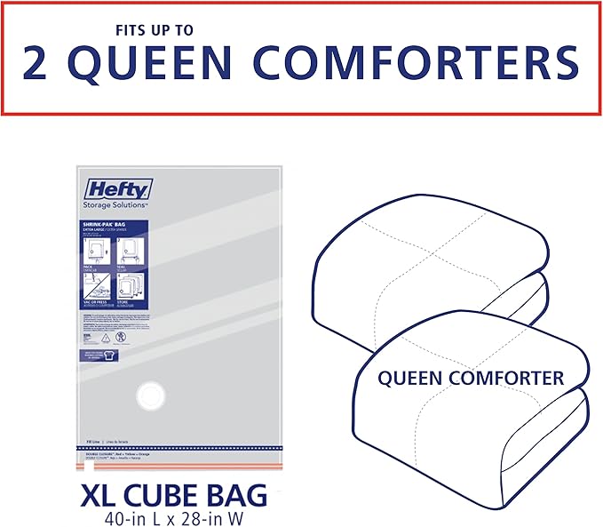 Hefty Shrink-Pak Vacuum Storage Bags - Space Saver for Under Bed Storage, Clothing and Comforters, Odor Resistant, 3X More Storage Space - 3 XL Cubes Bags