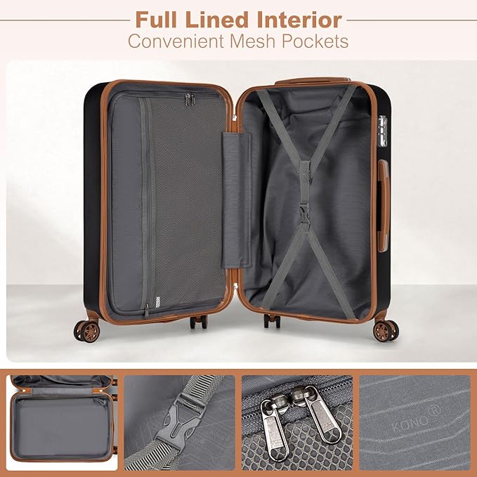 Kono 24 Inch Luggage Medium checked Lightweight Hardside Suitcase with Spinner Wheels & Built-in TSA Lock, Black