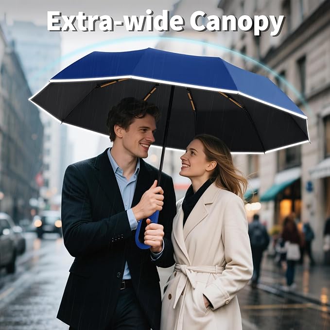 Seniny Travel Umbrella with Carabiner Handle, Windproof Large Umbrellas for Rain with Dual-Rib Structure, Portable Compact Umbrella with Reflective Strip, Car Backpack UV Umbrellas for Sun Protection