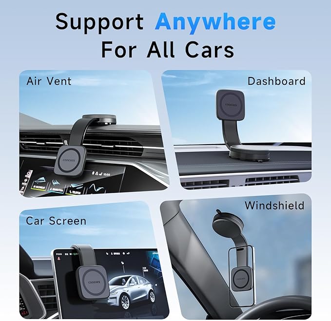 COOEXES Magnetic Car Phone Holder, Bendable Alloy Arm Car Mount with Vacuum Suction, All-in-one Dessign & 108LBS Strongest Suction & 360° Rotation for All MagSafe Phones iPhone 17 16 15 14 Pro Max