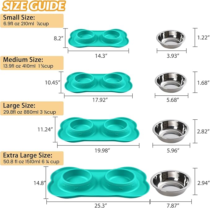 Hubulk Pet Dog Bowls 2 Stainless Steel Dog Bowl with No Spill Non-Skid Silicone Mat + Pet Food Scoop Water and Food Feeder Bowls for Feeding Small Medium Large Dogs Cats Puppies (Large, Mint Green)