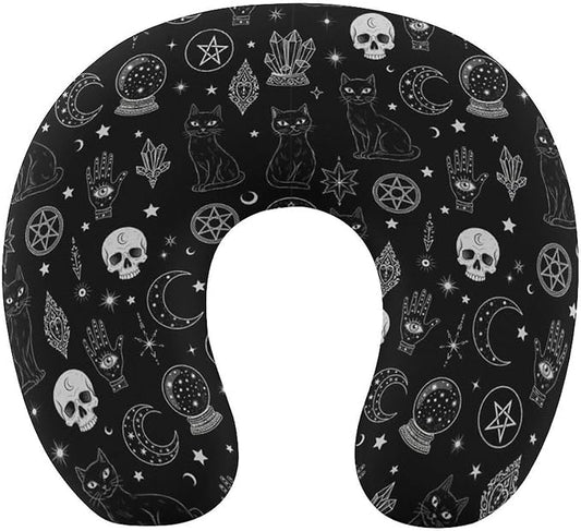 Women’s Travel Pillow U-Shaped Memory Foam Neck Rest, Skull Cat Moon Gothic Pattern Black U-Shape, Washable Airplane Car Support