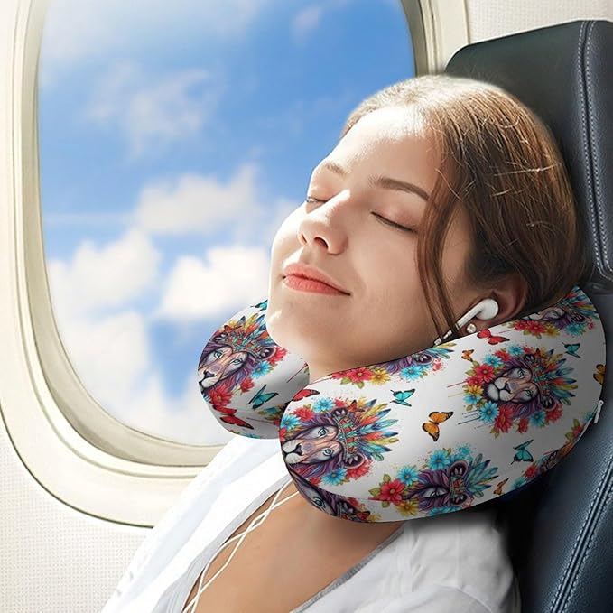 Pain Relief Travel Pillow Memory Foam Chin Support Colorful Lion Flowers Floral, Breathable Washable Cover for Airplane Car Office