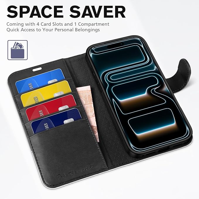 TUCCH Wallet Case for iPhone 17 Pro Max (6.9") 2025, 4 Card Holders, RFID Blocking, Stand, Shockproof TPU Shell, PU Leather, Magnetic Closure, Protective Flip Folio Cover, Black & White