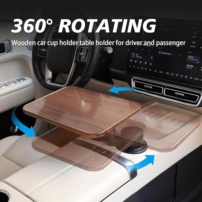 360° Rotating Wood Car Tray & Desk for Laptop - Steering Wheel Cup Holder Table, Car Accessories for Women & Men, Compatible with Tesla Model Y/3/S, Ford F150/Explorer/Maverick & Most Vehicles