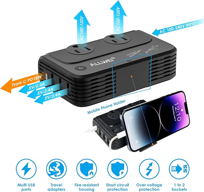 ALLWEI Travel Voltage Converter 220V to 110V Power International Travel Adapter for Hair Straightener/Curling Iron, Universal Power Plug Adapter UK, US, AU, EU, IT, India (Black)