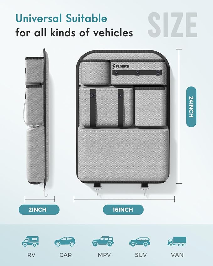 FLORICH 2 PACK PU Coated Fabric Car Backseat Organizer, Durable Large capacity Seat Back Organizer and Storage with 6 Pocket, Kick Mats Back Seat Protector for Kids Universal Fit