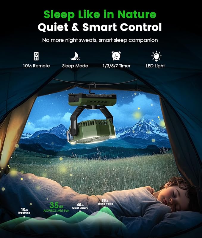 Camping Misting Fan - Portable Rechargeable Fan with 9oz Tank, Light, Hook - Battery Power 120H MAX Working, Fast Cooling, 4 Speed, Timer, Sleep Mode, for Outdoor, Travel, Patios, Beach