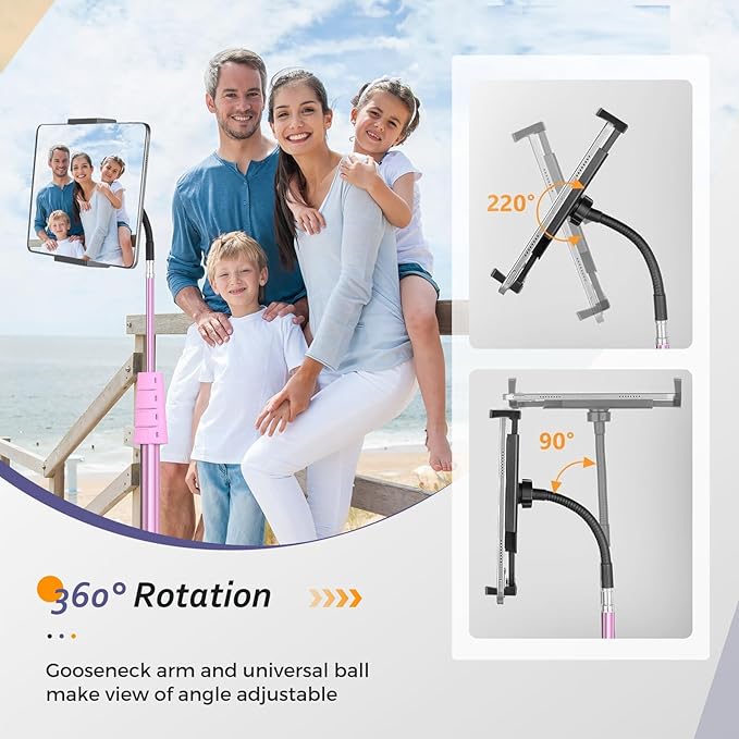 Aureday Adjustable Tripod Stand, 67” Height, Tablet Holder for iPad mini/Air/Pro, Kindle, Switch, Smartphones, 4.7”-12.9” Devices, Pink