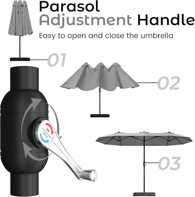 15ft Patio Umbrella with Base,Large Outdoor Double-Sided Rectangle Umbrella with Crank Handle, Market Umbrella for Poolside Garden Deck Backyard Beach Pools, Gray
