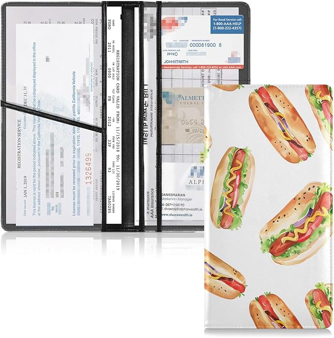 Bolaz Hotdog Car Registration and Insurance Holder Leather Vehicle Document Glove Box Organizer for License Cards Accessories