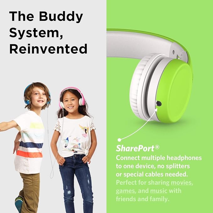 LilGadgets Connect+ Foldable Headphones, Adjustable Fit Soft Touch Padding for Kids with Mic, Volume-Limited & Noise Reduction On-Ear Wired Headset for School with SharePort - Green, Ages 3-14