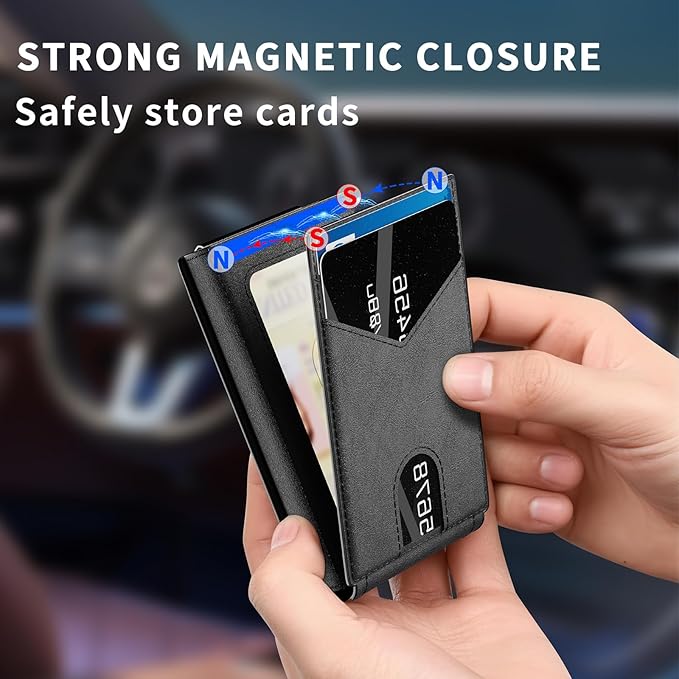 KISUEDZP Wallet for Men Slim RFID Blocking-Metal Smart Pop-Up Credit Card Holder with 2 ID Windows, Holds 8-10 Cards,Bifold Minimalist Front Pocket Wallet & Money Clip,Men's accessories (Black)