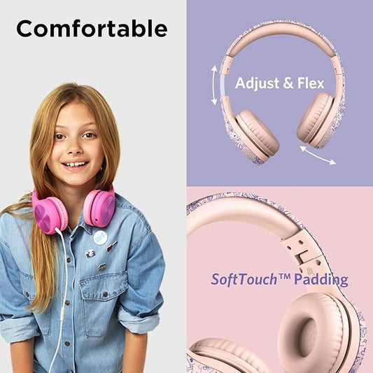 LilGadgets Connect+ Pro Wired Kids Headphones for School with Microphone, Volume Limiting Over-Ear Headset with Cord, SharePort Technology & SoftTouch Padding, Girl Power