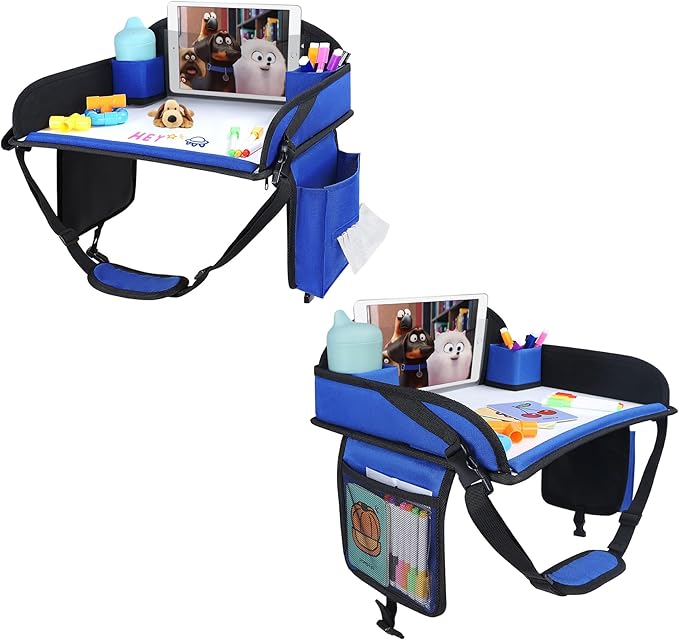 WENRENER Kids Travel Tray for Car Seat, Toddler Road Trip Essentials With Drawing Kit, Travel Activities Must Haves (Navy Blue-2PCS)