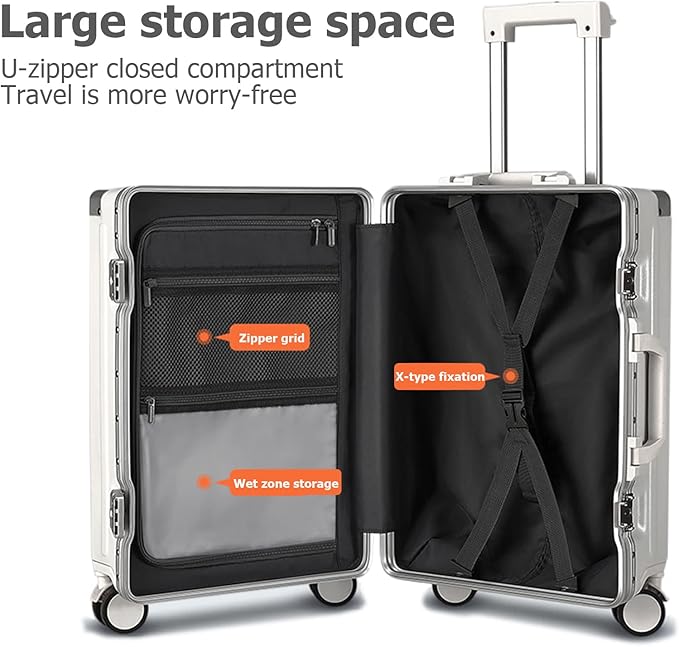 feilario 20in Aluminium Frame PC Hard Shell Spinner Wheels Luggage, Built-In TSA lock Carry on Suitcase, with Cup Holder, USB Port, Phone Holder