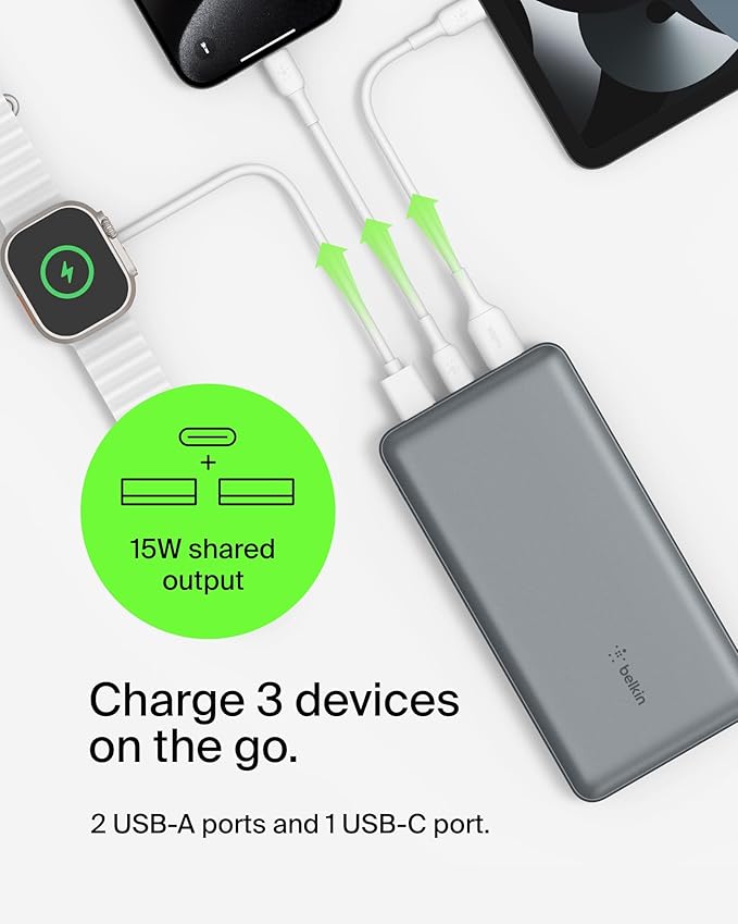 Belkin Portable Charger, USB C Power Bank 20000 mAh w/ 2 USB-A Ports, 15W w/A to C Cable - iPhone 17, Air, Pro, Pro Max, AirPods, Samsung Galaxy S25, iPad, Nintendo Switch 2, Google Pixel 10 - Gray