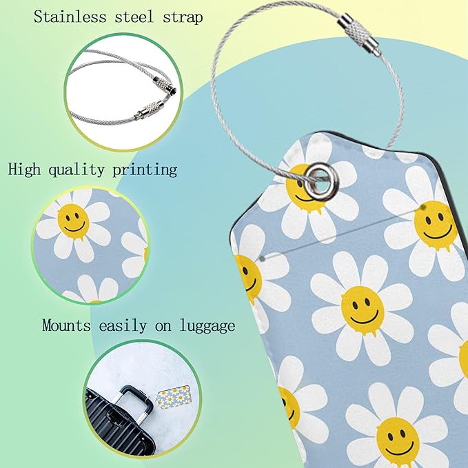 2 Pack Luggage Tag for Suitcases Cute White Daisy Flowers PU Leather Bag Travel Suitcase ID Identifier Baggage Tags for Women Men Travel