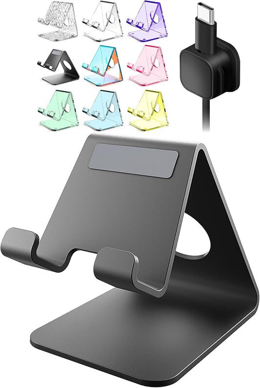 TOPGO Cell Phone Stand for Desk, Device Holder, Cradle, Holder, Metal Phone Stand with Cable Collective for Office Desk, Bedside Table Compatible with iPhone 16 15 Pro Max and All Smart Phones - Black