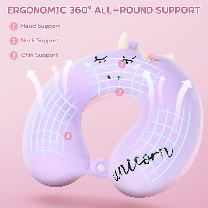 Kids Neck Pillow for Traveling, Unicorn Kids Travel Pillow with Eye Mask, Toddler Travel Essentials for Road Trip Airplane Flight Car Seat, Cute Cartoon Headrest Memory Foam Pillows Gift for Girl Boy