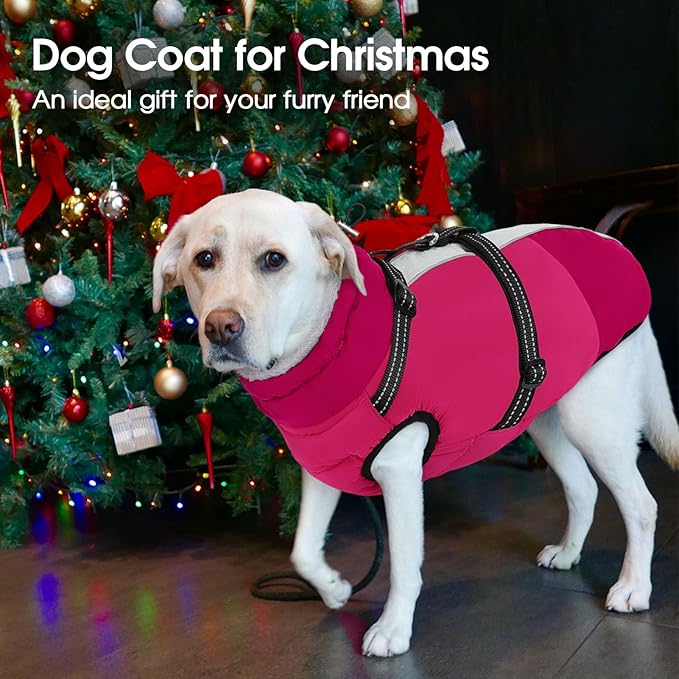 SUNFURA Dog Winter Coat, Warm Dog Coat with Harness for Medium Dogs Boys Girls, Reflective Fleece Lined Pet Winter Jacket Snowsuit for Pug, Jack Russel, Schnauzer, Hot Pink M
