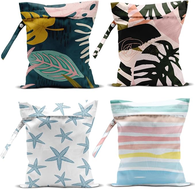 4 Pcs Wet Bag, Waterproof Wet Dry Bag, Aloha Bags Small Laundry Bag, for Swimsuit, Pool, Travel, Beach, Diapers, Dirty Yoga Gym Clothes, Makeup Bags for Travel, Tropical Palm Leaves Decor Jungle