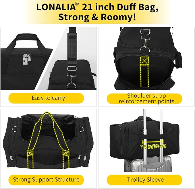 Gym Bag Sport Duffle Bag for Men - 21 in Weekender Travel Bag with Trolley Sleeve (Black)