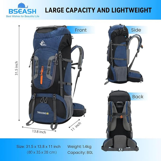 Bseash 80L Waterproof Hiking Camping Backpack with Rain Cover, Lightweight Outdoor Sport Travel Daypack for Climbing Touring (Navy Blue)