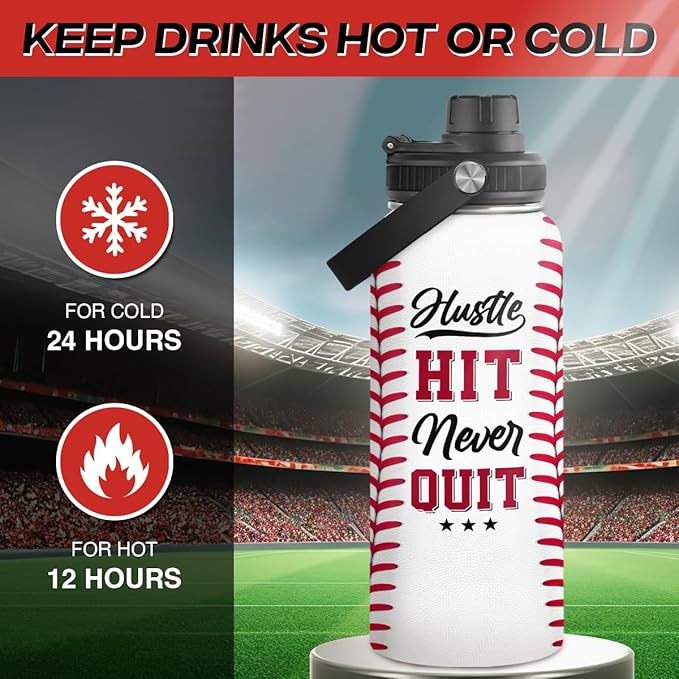 Baseball Water Bottle 32oz Hustle Hit Never Quit Stainless Steel Insulated Bottle for Men Women Sports Lovers Baseball Fans