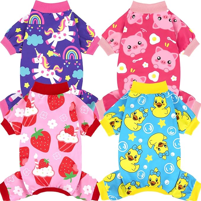 XPUDAC 4 Pieces Dog Pajamas Stretchy Dog Pjs Soft Cute Doggie Clothes for Small Medium Dogs Boy Girl Cats Pet Outfits, M
