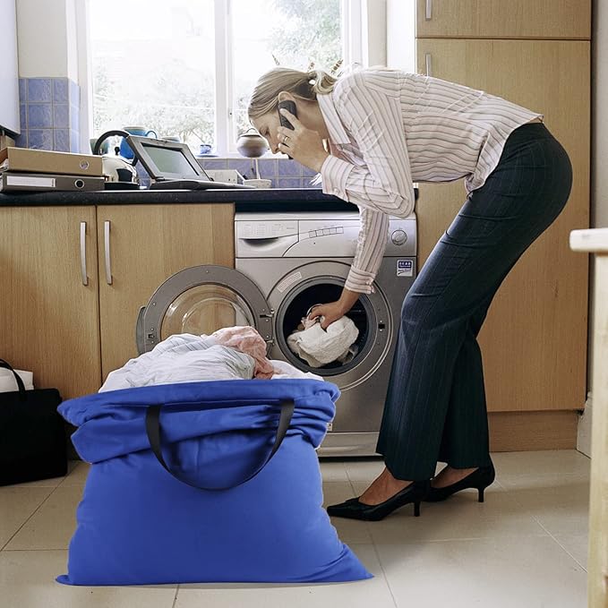 Cotton Canvas Laundry Bag with Handles & Drawstring Straps, Heavy Duty Extra Large Laundry Bags for Laundromat and Household, 25.5x34 Inch, Royal Blue