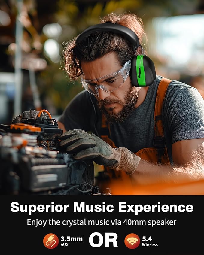 Bluetooth 5.4 Hearing Protection Headphones with 120H Working Time, 30dB SNR, Superior Stereo Sound Quality, Larger Buttons for Easy Operation, Safety Ear Muffs for Lawn Mowing, Workshops
