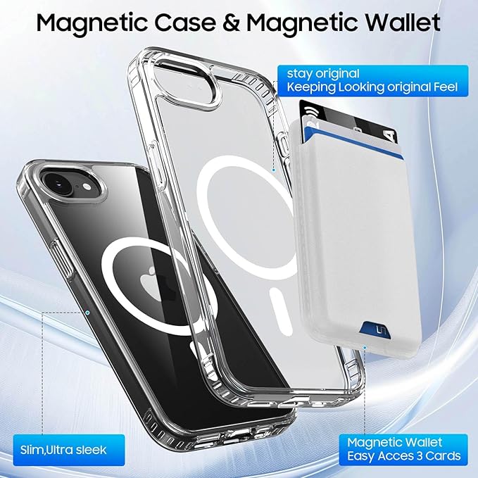 Ntwinro Magnetic for iPhone 16e Clear Case (Compatible with MagSafe) with White Detachable Wallet & Card Holder for 3 Cards [RFID Blocking] Military Grade Protective Slim Phone Cover
