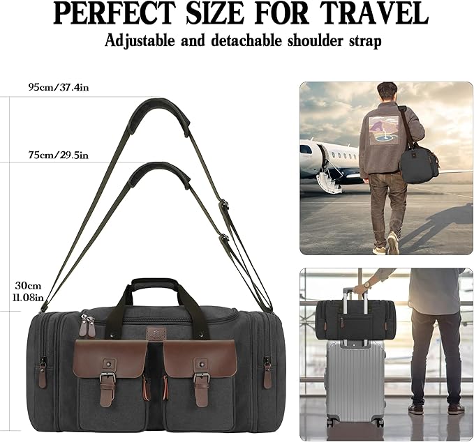Canvas Duffle Bag for Men 50L Travel Duffel Bags Expandable Genuine Leather Overnight Weekender Carry On Bag Two Zipper Pockets Travel Bag (Black, Large-50L)