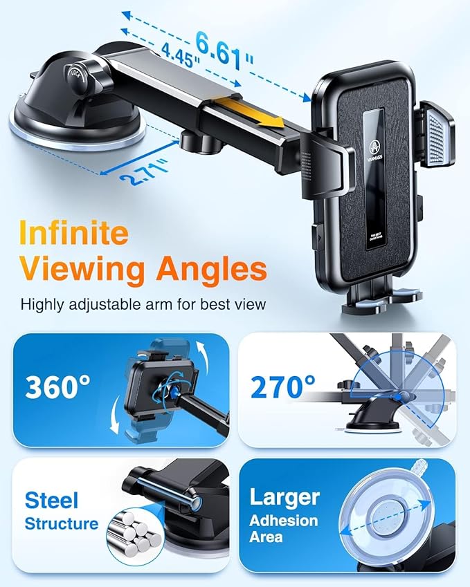 VANMASS 【85+LBS Strongest Suction & Military-Grade Ultimate Car Mount【Patent & Safety Certs】 Cell Phone Holder Truck Stand for GPS Vehicle Dashboard Windshield Vent for iPhone Samsung, Clear Black