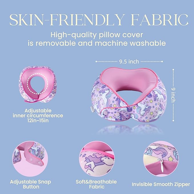 SKYTRAX® Certified Kids Safe Memory Foam Travel Neck Pillow for Kids and Toddlers, Cute Cartoon Design, Car Seat & Airplane Head Neck Support, Adjustable Snap Button, Washable Soft Cover (Unicorn)