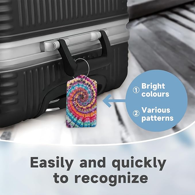 Abstract Tie Dye Colorful Rainbow Luggage Tag for Suitcase 2 Pcs Unique Leather Suitcase Tags with Full Privacy Cover Stainless Steel Loop for Women Men Travel Baggage Bag Backpack