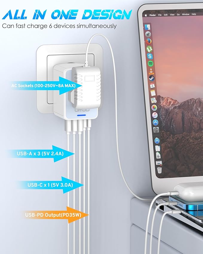35W PD Universal Travel Adapter with 5 USB Ports and 2500W AC Outlets, PD Fast Charging International Plug Converter Travel Charger Multi Plugs All in One for EU US UK AUS 200+ Countries