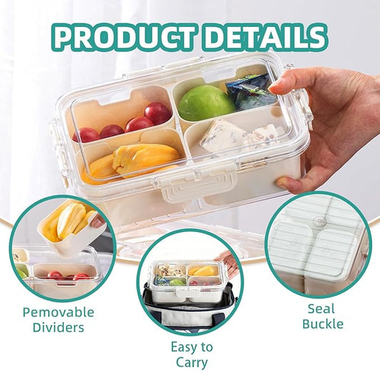 Small Snackle Box Container with Lid, 4 Compartment Snack Box Container, Divided Serving Tray, Snack Organizer for Candy, Fruits, Nuts, Charcuterie, Veggie, Travel & Parties, BPA-Free