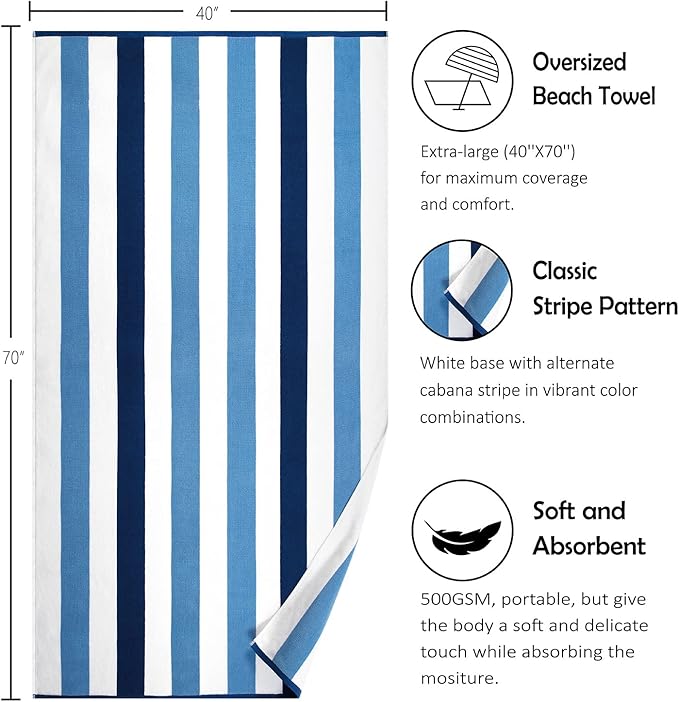 Cotton Oversized Beach Towel - Extra Large 40"X70" Plush Thick Pool Towel, XL Fluffy Blue Beach Towels Stripe Swimming Towel for Adults Mens Women (White Navy Blue)