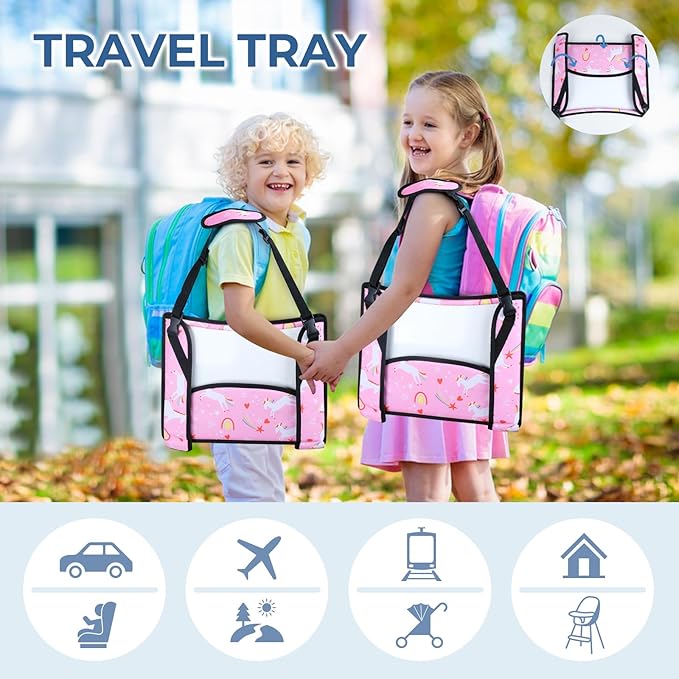 COOLBEBE Kids Travel Tray for Toddler Car Seat, Travel Tray for Airplane, Toddler Car Seat Lap Tray, Carseat Table Tray for Kids Travel Activities (Pink Unicorn -2PCS)