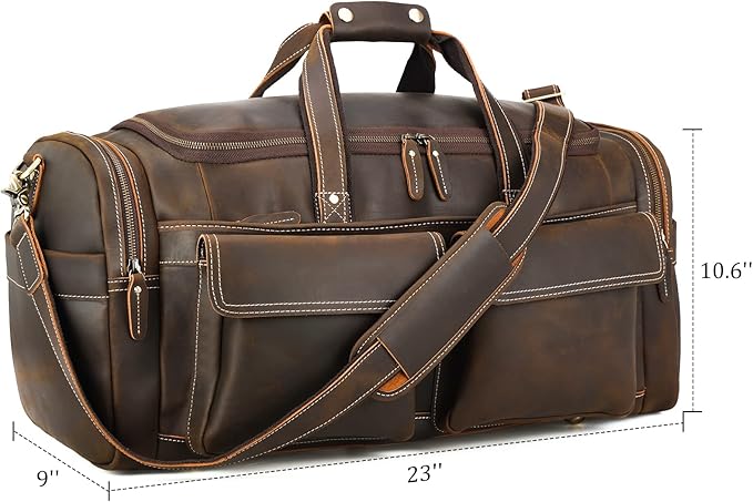 Polare 23" Duffel Retro Thick Full Grain Cowhide Leather Gym Weekender Overnight Luggage Bag 42L