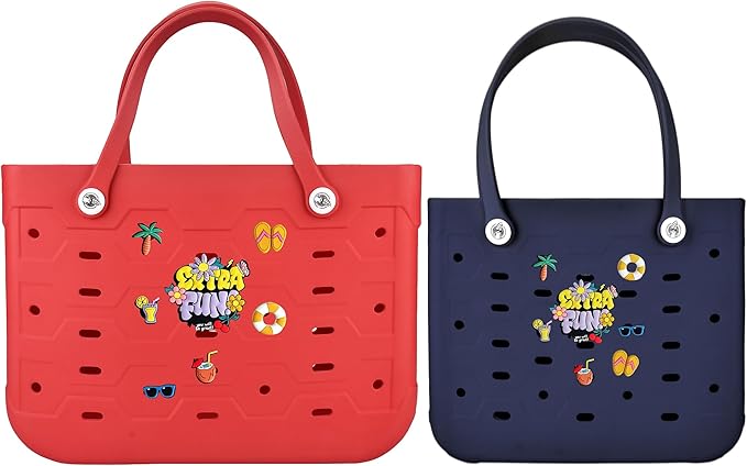2-Piece Tote Bag Set, Waterproof Rubber Beach Bag with Summer Pattern, Medium & Large Handbag for Pool, Beach, Boat